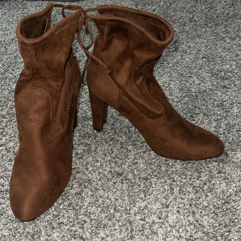 Charlotte Russe Faux Suede Brown Tan Ankle Tie Back Heel Boot